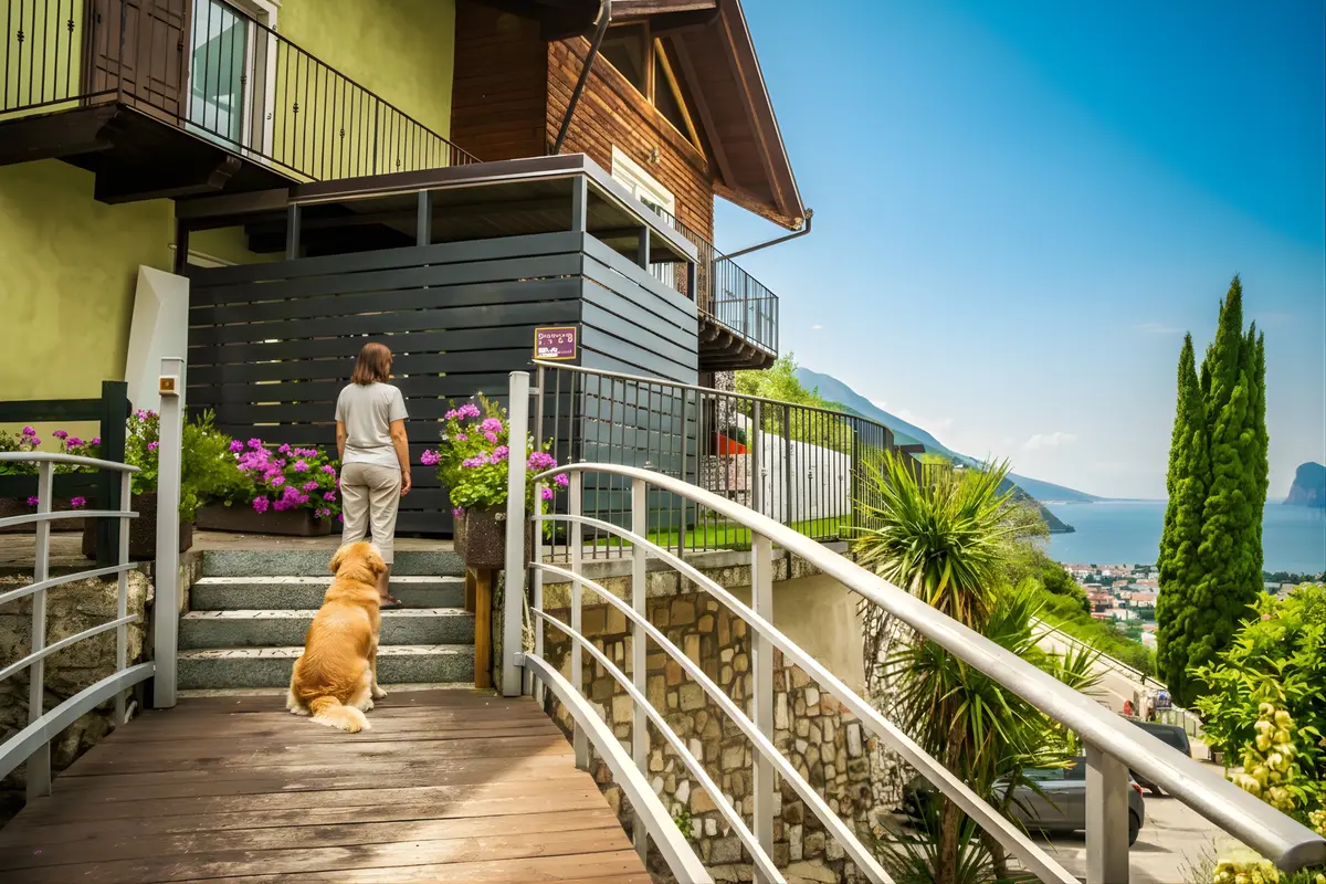 Un'ospite con il cane sulle scale d'ingresso, il lago in fondo