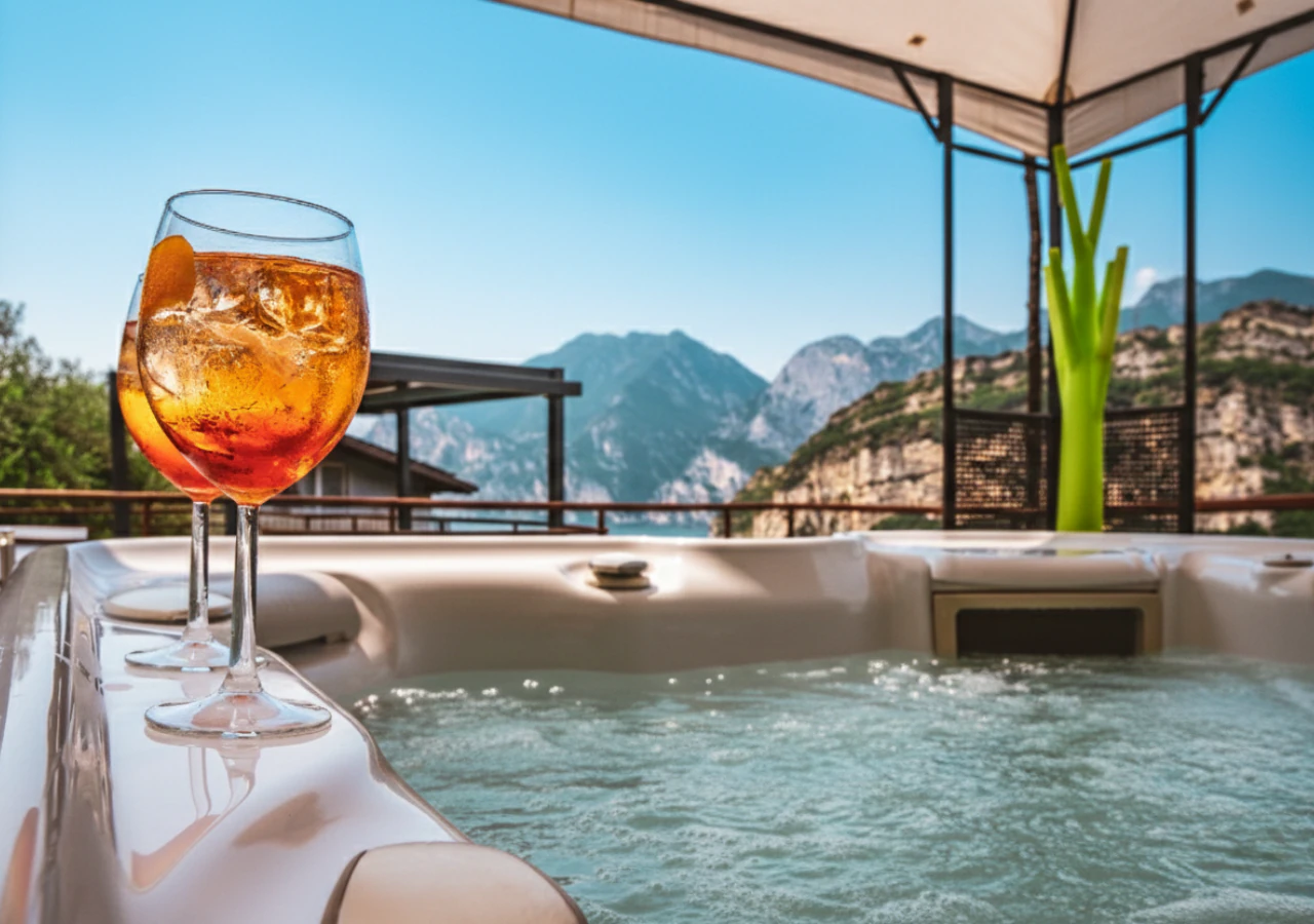 Due spritz sul bordo della jacuzzi in giardino, con il gazebo e le montagne