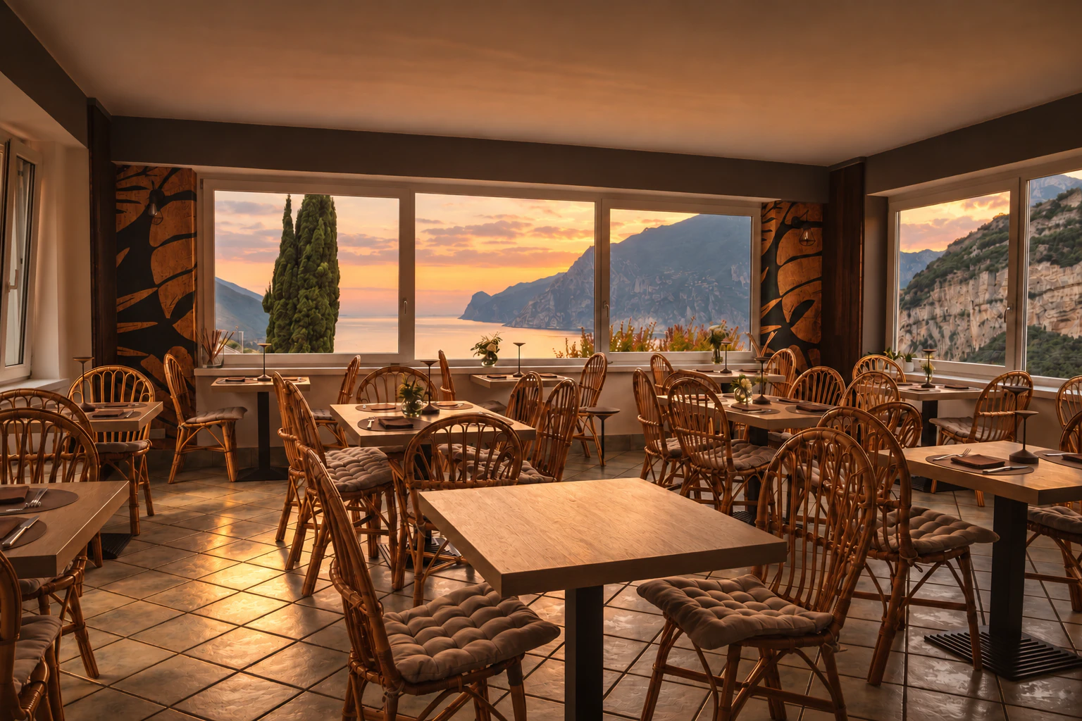 La sala della pizzeria al tramonto, con le finestre sul lago