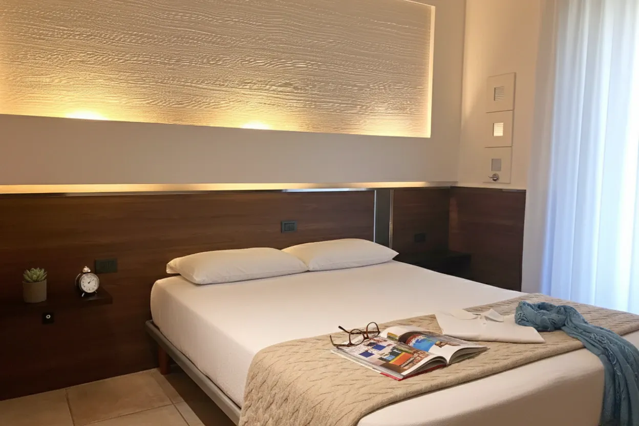 Il letto matrimoniale della Economy tripla con la parete illuminata